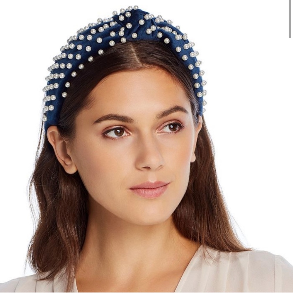 Lele Sadoughi Velvet Pearl Knotted Headband - Navy and White Pearls